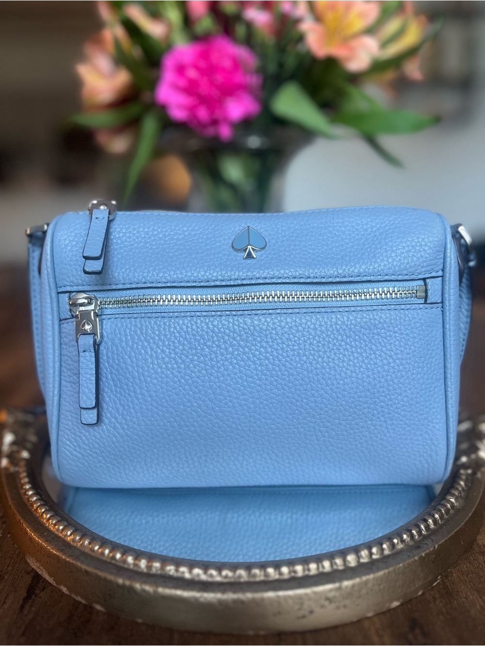 Kate Spade Polly Pebbled Leather Crossbody Bag Powder Blue Silver Hardware